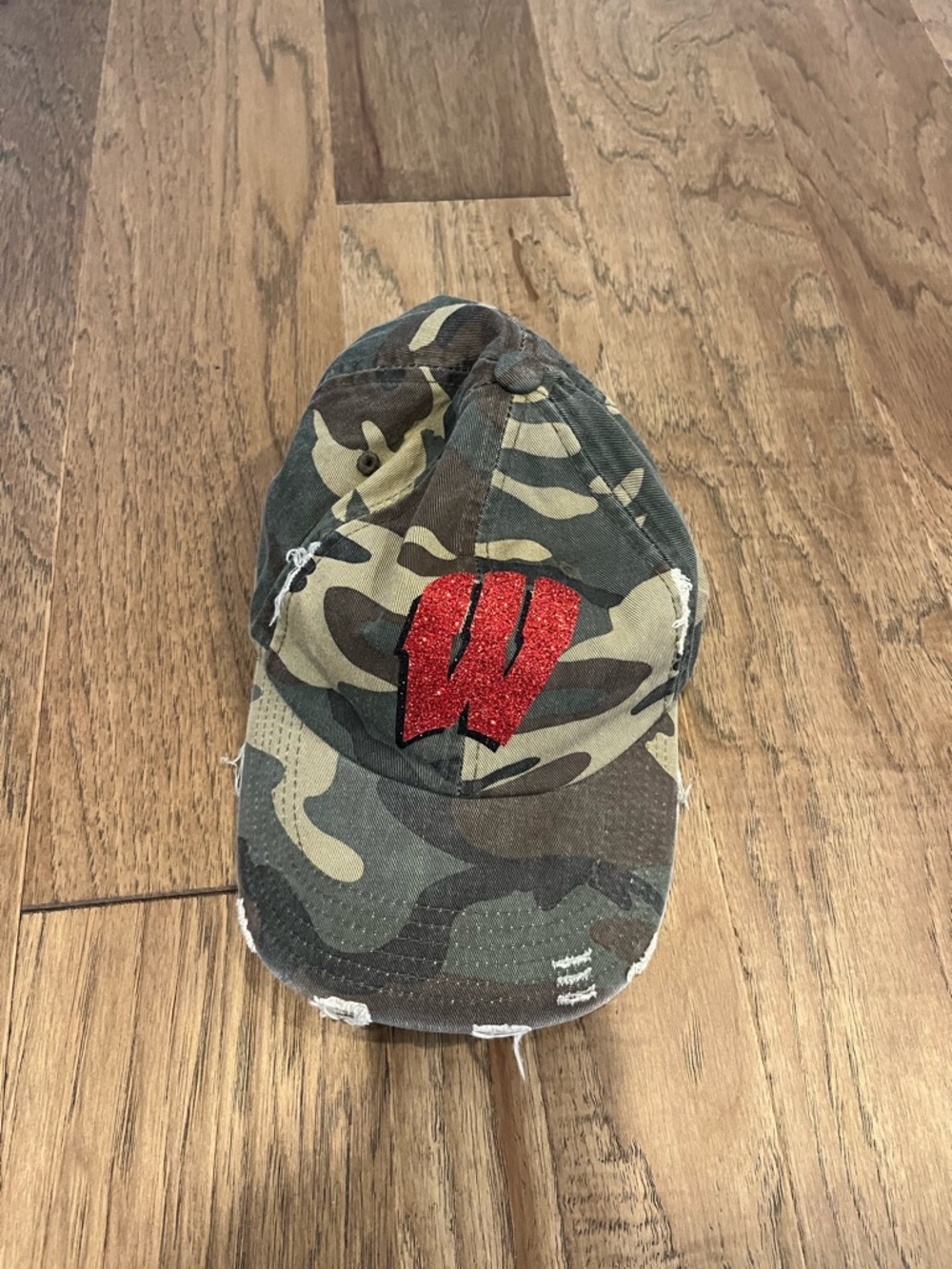 Wisconsin Badgers Camo Distressed Baseball Trucker Cap with glitter Red W Patch
